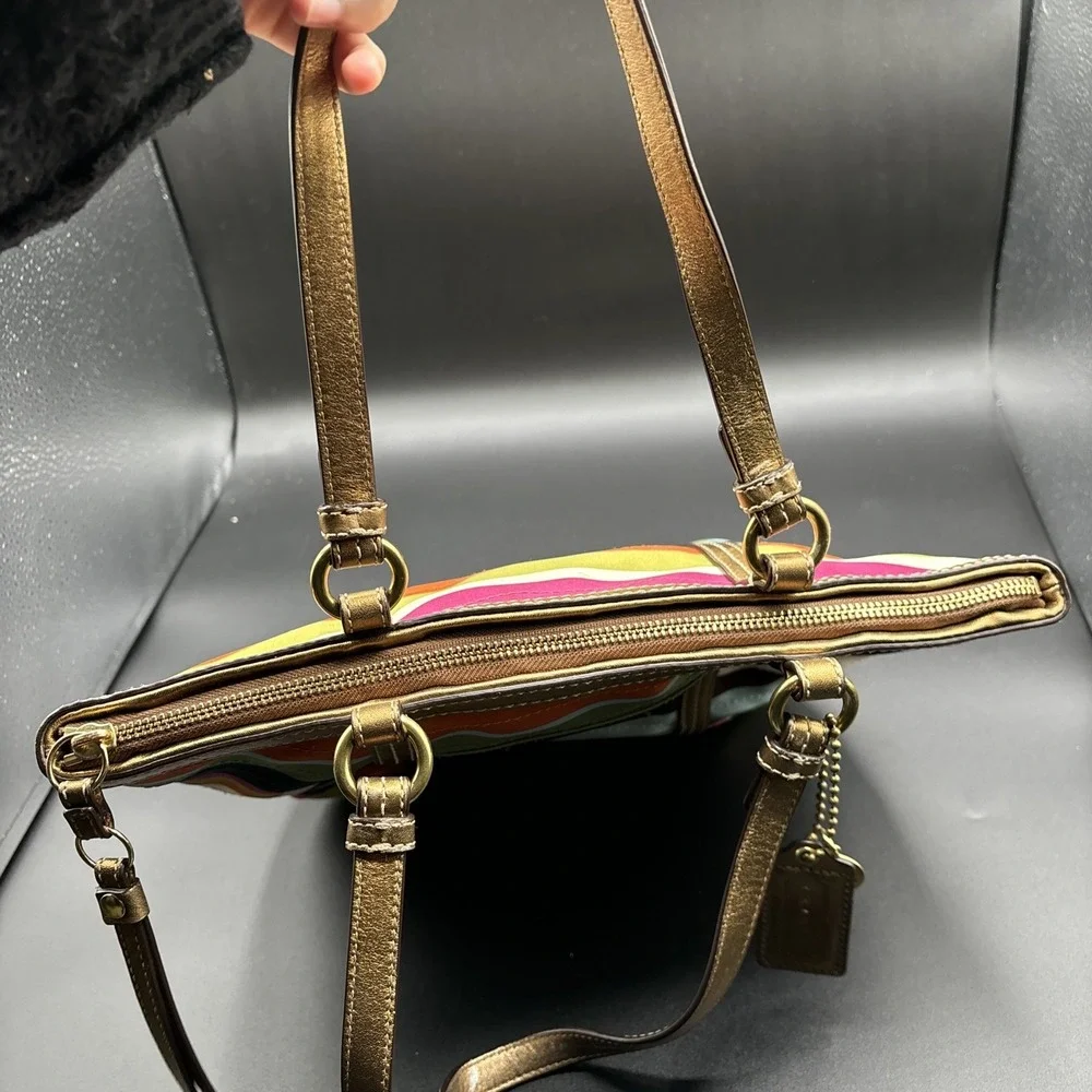 Coach Legacy 12421 Shoulder Striped Bag Purse Satin Brown Green Orange
